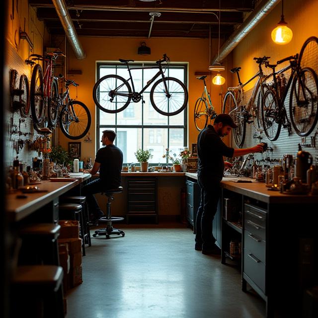 Zephyr Bike Works workshop with vintage and modern bikes