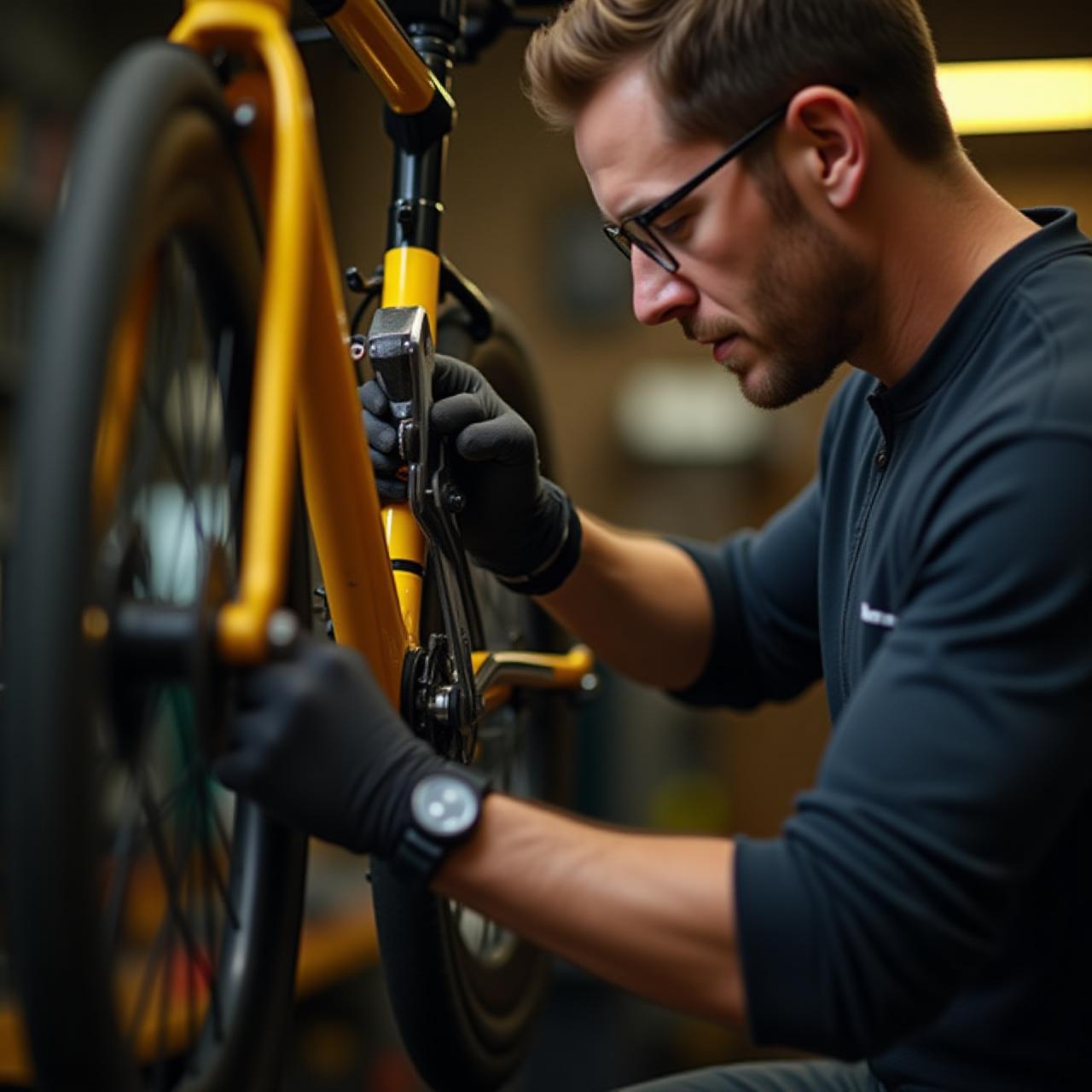 Professional bike mechanic working