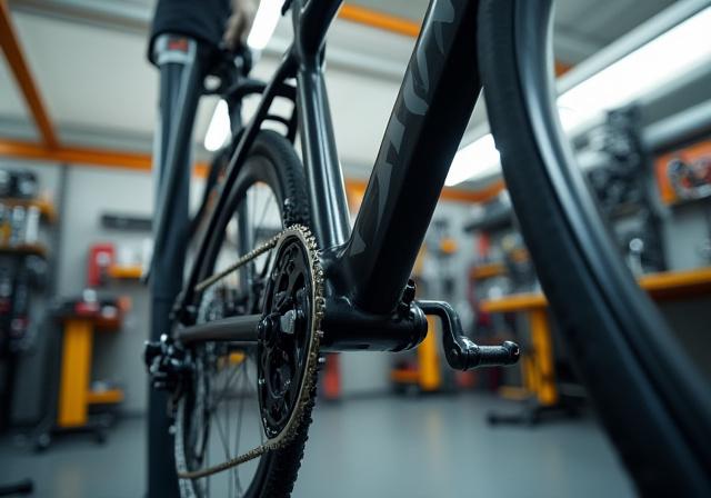 A high-end bicycle being precision tuned in a clean workshop